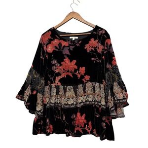 John Mark Blouse Womens L Black Floral Velvet Boho Tiered Bell Sleeve Babydoll